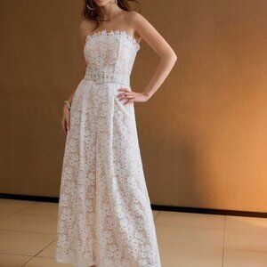 White Casual Women's Lace Fold Pleated Buckle Belted Strapless Jumpsuit